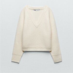 Zara V Neck Cropped Cream Sweater